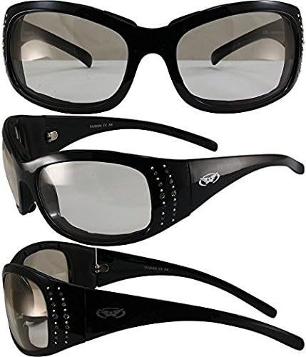 Global Vision Marilyn Motorcycle Sunglasses Bling Rhinestone Black Frames Clear to Smoke Lens...