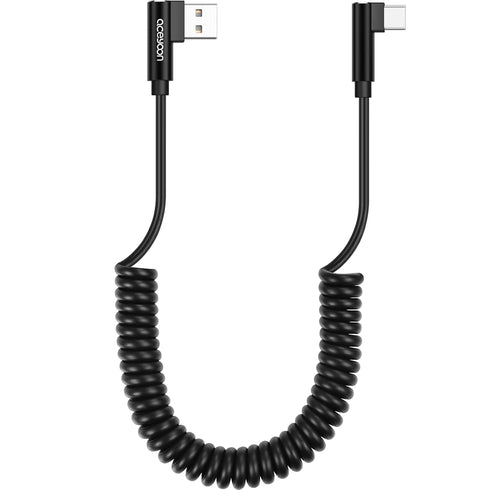 aceyoon 2-5ft Coiled USB C Cable, USB to USB C Auto Charging Cable, QC 3.0 Fast Charging Retractable Right Angle Type C Cable for Car, Compatible ...