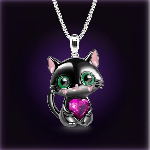 Black Cat Necklace Cute Cat Necklace Rhinestone Heart Necklace Cat Heart Necklace Jewelry for Women and Teen Girls...