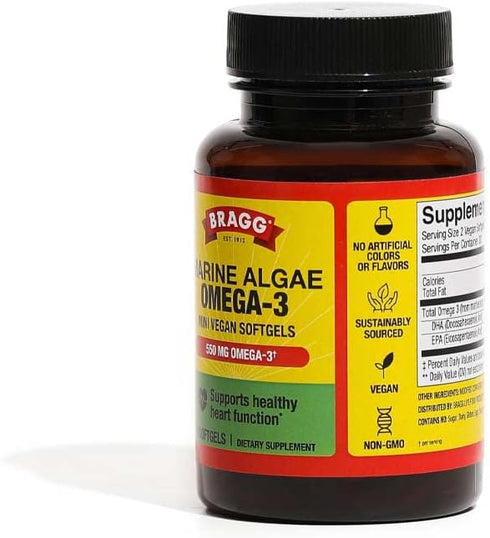 Bragg Vegan Omega 3 Supplement – Sustainably Sourced Marine Algae – Helps Support Brain, Eye & Heart Health - includes EPA & DHA Fatty Acids – Non...