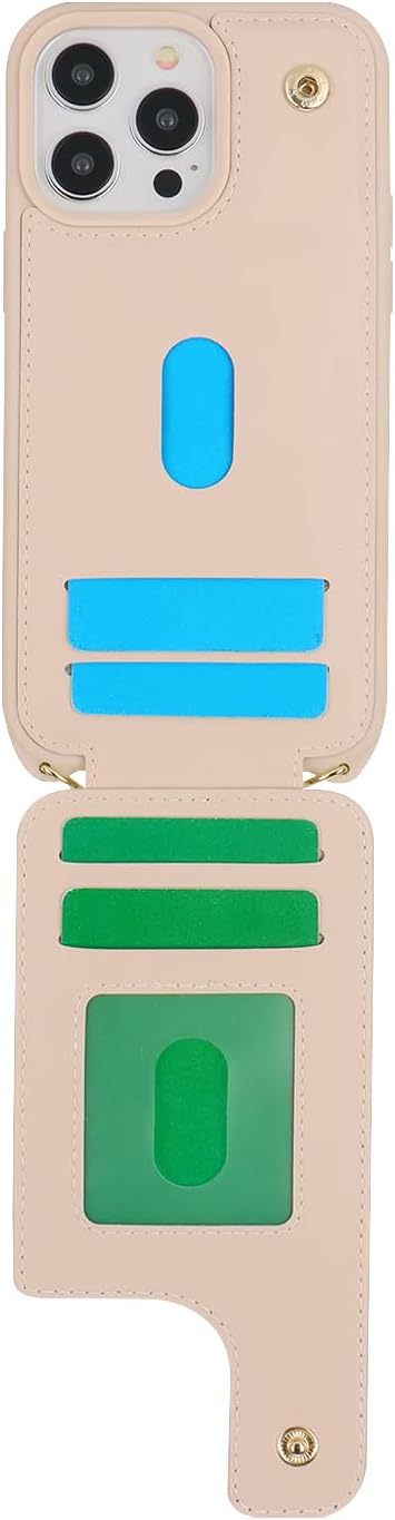 for iPhone 13 Pro Max/iPhone 12 Pro Max Case with Card Holder for Women,Crossbody Strap Lanyard,Credit Card Holder,Ring Stand,Snap Clasp,Wallet Ca...