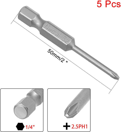 uxcell 5 Pcs 2.5mm PH1 Magnetic Phillips Screwdriver Bits, 1/4 Inch Hex Shank 2-inch Length S2 Power Tool...