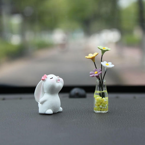 Set of 2 Cute Mini Bunny and Daisy Flower Vase Car Rearview Mirror Ornaments Funny Dashboard Decorations Kawaii Car Interior Accessories for Women...