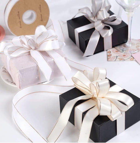 VIVIQUEN White Double Faced Satin Ribbon with Gold Edge, 1” Polyester Continuous Ribbon -25 Yards,Wide Ribbon for Gift Wrapping,Wedding,Bows Bouqu...