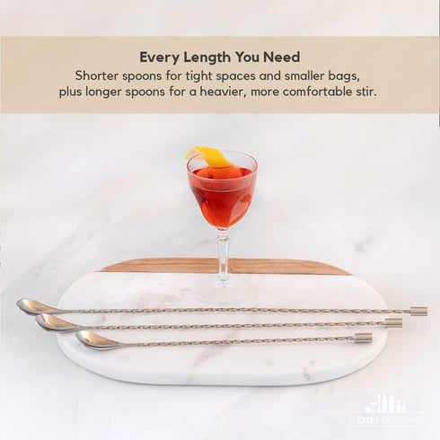 A Bar Above Bar Spoon Set, of 3, 12”, 15”, and 17”, Stainless Steel Cocktail Stirrer Bar Set, for Mixing Glass or Shaker, Spiral Handle Drink Stir...