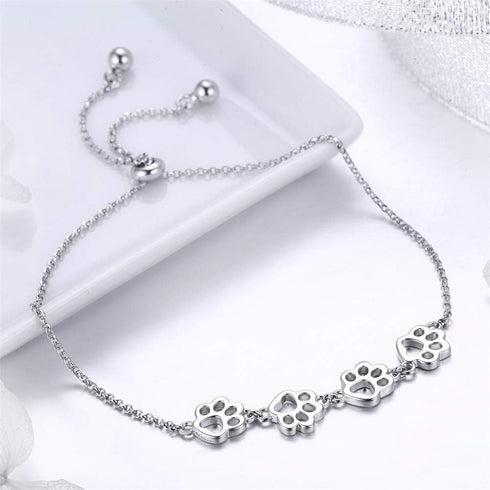 Paw Bracelet for Women Girls Sterling Silver 14 Gold Cute Delicate Polished Puppy Dog Cat Kitten Paw Print Ball Bead Adjustable Charm Link Bracele...