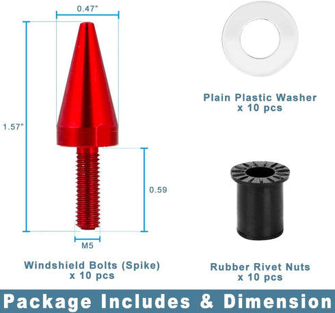 10-Piece Aluminum Spike Motorcycle Universal Fit Fairing Bolts Windshield Screws Set, Anodized M5 x 15mm Windscreen Bolts with Washers Rubber Well...
