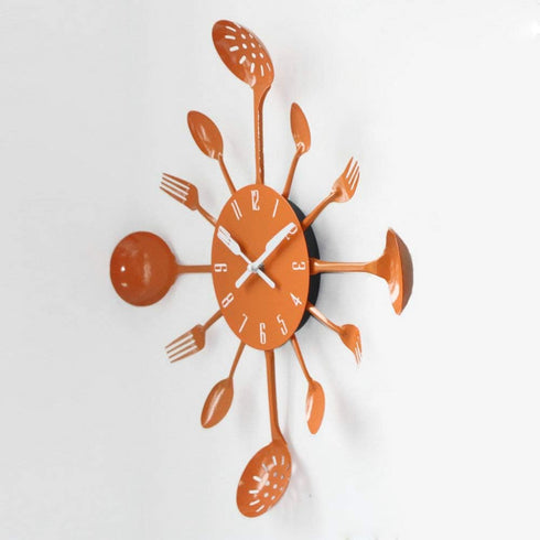 Timelike Wall Clock, 16" Metal Kitchen Cutlery Utensil Spoon Fork Wall Clock Creative Modern Home Decor Antique Style Wall Watch (Orange)...