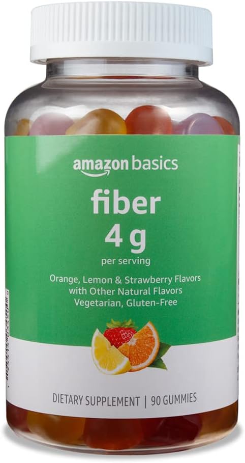 Amazon Basics (previously Solimo) Fiber 4g Gummy - Digestive Health, Supports Regularity, Orange, Lemon & Strawberry, 90 Gummies (2 per Serving)...
