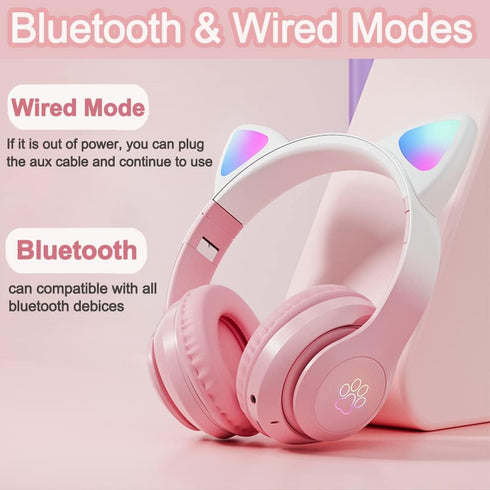 Kids Headphones, Bluetooth Wireless Headphones for Kids Teens Adults, Over-Ear Bluetooth Headphones with Microphone, Cat Ear Headphones for Girls ...