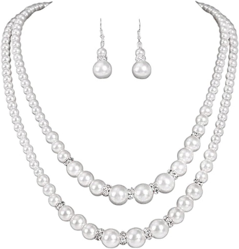 Unicra 1920s Gatsby Pearl Jewelry Set Vintage Crystal Bride Necklace Earrings Set Silver Pearl Multilayer Bridal Necklace Jewelry Accessories for ...
