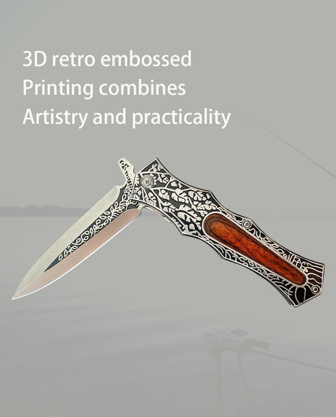 Folding Knife Stainless Steel Blade with 3D Retro Embossed Pattern, Pocket Clip for Men,Sharp Camping Survival Hiking Knives (Sword Type)...
