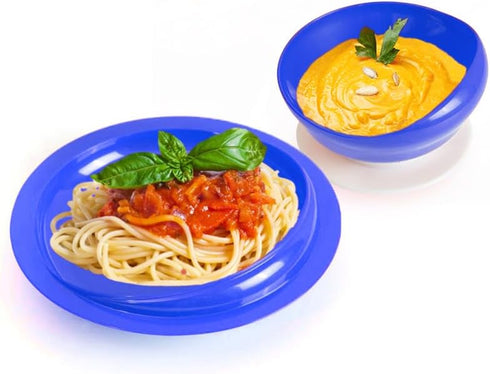 Spill Proof Scoop Bowl and Plate with Non-Skid Suction Base, Adaptive Self-Feeding Dinnerware for Elderly/Disabled (Blue Combo Set)...