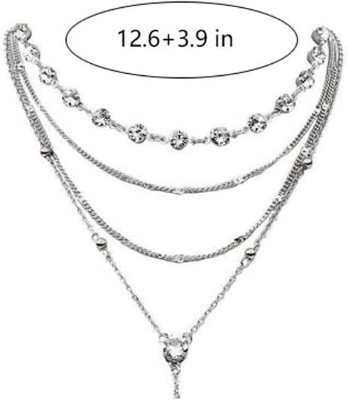 Layered Long Choker Necklace Silver Rhinestone Y Drop Necklaces Sparkly Crystal Lariat Necklace Chain for Women...