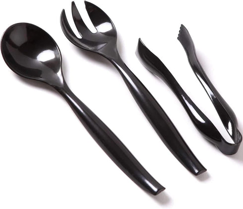 VeZee's Plastic Serving Utensils, Black Heavy Duty Disposable utensil | Set 10" Spoons 10" Forks 6" Tongs | 6 Each in One Set| 18 Pcs...