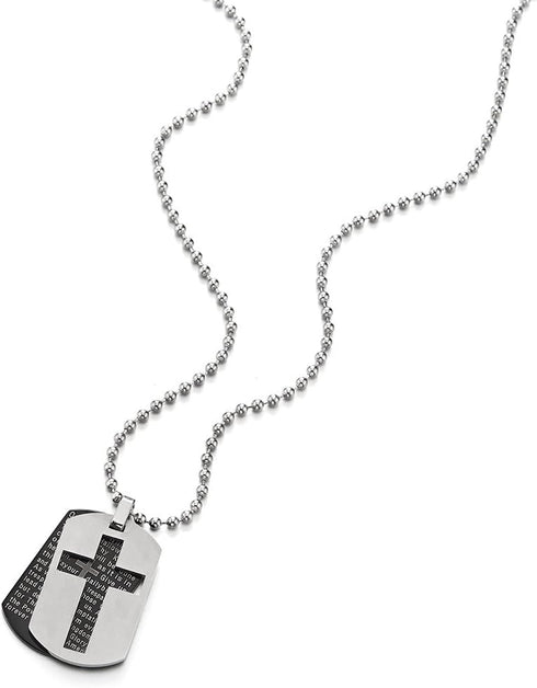 COOLSTEELANDBEYOND Two-Pieces Mens Bible Verse Cross Dog Tag Pendant Necklace, Steel Silver Black with 23.6 inch Chain...