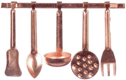 Dolls House Miniature Kitchen Accessory Copper Hanging Utensils & Rack 5055...