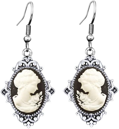 Vintage Look Flower Pendant Lady Queen Cameo Sets For Women Antique Silver Plated Cameo Necklace Earring Jewelry Set...