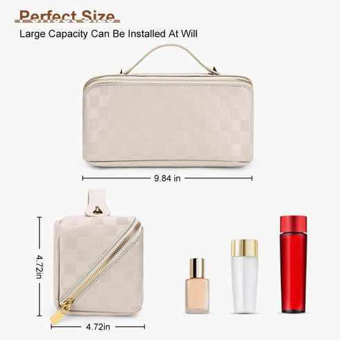 Large Capacity Travel Cosmetic Bag Plaid Checkered Makeup Bag Portable Leather Waterproof Skincare Bag with Handle and Divider for Women...