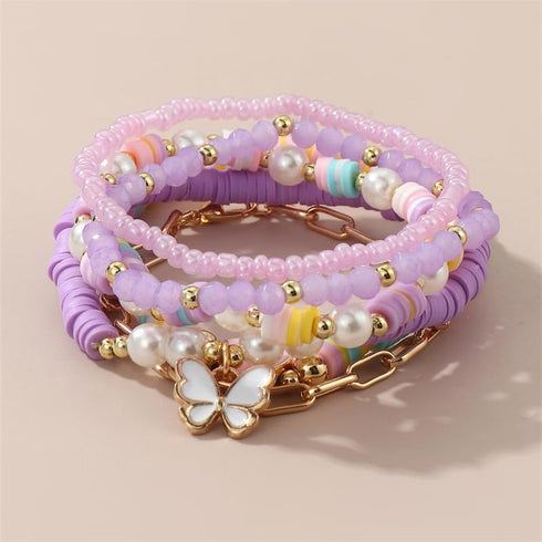 Pingyongchang Bohemian Stackable MultiLayer Beaded Heishi Bracelets Set for Women Butterfly Pearl Crystal Vinyl Clay Disc Surfer Stretchy Stretch ...