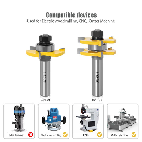 1/2 Inch Shank Tongue and Groove Set of 2 Pieces Router Bit 3 Teeth Adjustable T Shape Wood Milling Cutter?Tongue and Groove groove joints Router ...