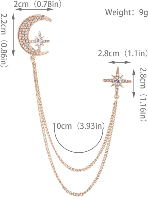 Moon Star Rhinestone Brooch with Gold Tassel Brooch for Unisex...