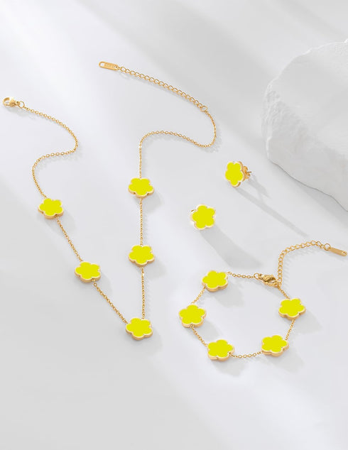 Gold Plated Stainless Steel Flower Bracelet, Necklace and Stud Jewelry Set for Women...