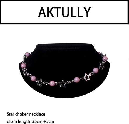 Pearl Necklace for Women Silver Star Choker Necklace Dainty Hollow Star Necklace Handmade Adjustable White Pearl Necklace Y2K Jewelry Gifts for Wo...