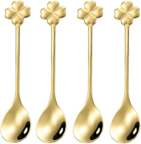 10 pcs Gold Four-Leaf Clover Stainless Steel Spoon Set, Unique Design for Coffee, Tea, Desserts, Ice Cream 4.7inch...