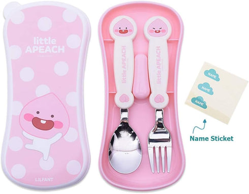 Kakao Friends - Easy Washing Clean 304 Stainless Steel Spoon & Fork (1.1 inch x 5.6 inch) with Wide Case Tableware Set for Kids, Pink (Little Apea...