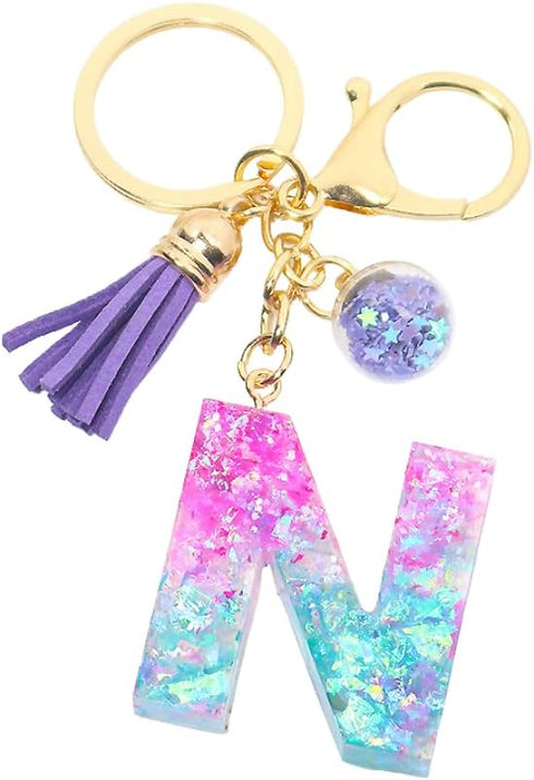 Fuqimanman2020 Glitter Letter A-Z Keychain Pink Blue Resin Alphabet Initial Letter Accessories with Purple Tassel Glass Ball...