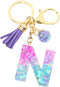 Fuqimanman2020 Glitter Letter A-Z Keychain Pink Blue Resin Alphabet Initial Letter Accessories with Purple Tassel Glass Ball...