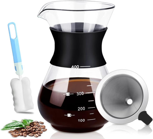 Pour Over Coffee Maker, Portable Drip Coffee Brewer with Reusable Stainless Steel Conical Filter, Glass Carafe Pot with Silicone Protective Cover ...