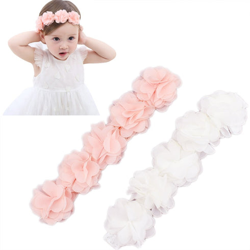 Baby Toddler Elastic Chiffon Flower Headbands Princess Girls Hand Sewing Beads Flower Headwear Nylon (QJ11 White pink) (QJ11 White pink)...