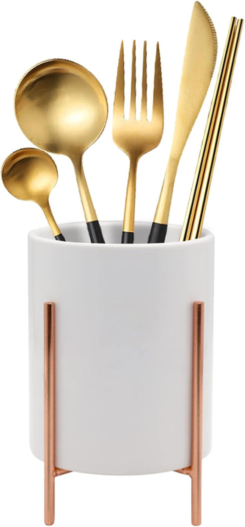 Rose Gold Cutlery Holder, Ceramic Silverware Holder with Metal Frame Kitchen Cooking Utensil Holder, Robust Silverware Caddy 4.7*3.15 inch Gold 1 ...