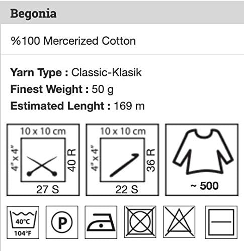 Yarn Art Begonia 100% Mercerized Cotton, Lot of 5 Skein (Pack),Total 8.8 Oz. Each 1.76 Oz (50g) / 185 Yrds (169m), Fine Sport:2 (4939)...