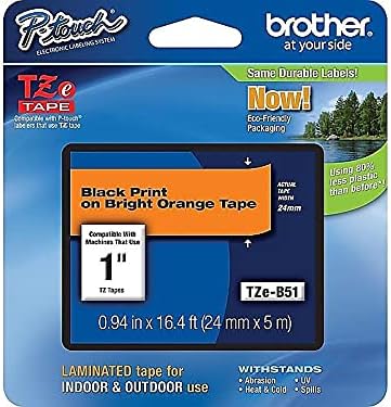 Brother Genuine P-touch TZE-B51 Tape, 1" (0.94") Wide Standard Laminated Tape, Black on Fluorescent Orange, Laminated for Indoor or Outdoor Use, W...