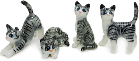 ChangThai Design Tiny ½ Inch Gray Tabby Cat Set 4 Pieces - Miniature Hand Made Ceramic Cats Kittens Kitty Feline Animals Cute Porcelain Decorative...