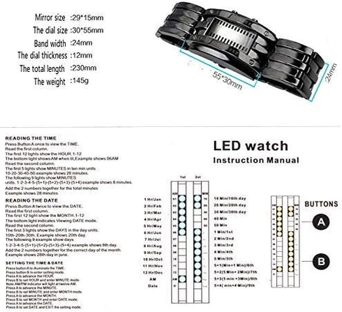 Fashion Mens Binary Sports Watch Digital LED Matrix Waterproof Outdoor Casual Black Bracelet Square Blue Backlit Watches...