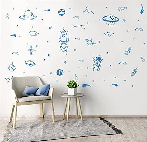 Outer Space Wall Stickers for Kids – Rockets, Stars, Planets and Galaxy Themed Decals – Educational and Decorative Vinyl for Boys Bedroom, Nursery...
