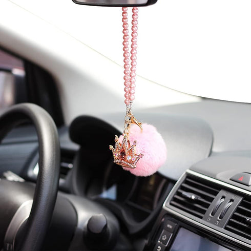 Car Mirror Hanging Accessories, Mini-Factory Rearview Mirror Hanging Bling Decoration Fluffy Luxury Diamond Crown with Pearl Chain - Pink...
