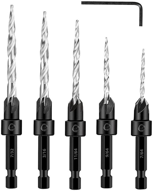 Countersink Drill Bit Set 5Pcs #4#6#8#10#12 Tapered Drill Bit for Woodworking, Counter Sink Drill Bit for Wood, Hex Shank Quick Change Counter Sin...