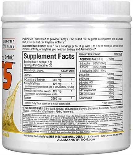 ALLMAX Nutrition AMINOCUTS (ACUTS), Amino-Charged Energy Drink with Taurine, L-Carnitine, Green Coffee Bean Extract, Pina Colada, 30 Servings...