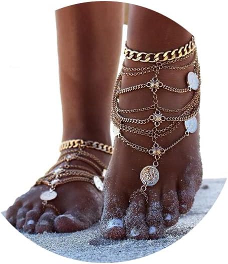 Olbye Silver Barefoot Sandals Foot Chain Jewelry Coin Anklet Bracelet for Women and Girls Beach Wedding Foot Jewelry Pack of 2...