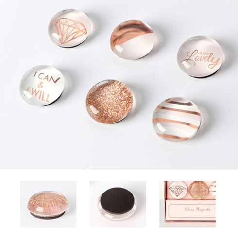 Rose Gold Fridge Magnets 6pcs Round Glass Refrigerator Magnet Sticker, Use at Home Kitchen School Office for Refrigerator Dry Erase Board and Whit...