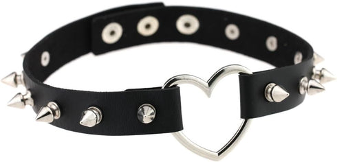 Multicolor Simulated Leather PU Black-tone/Silver-tone Heart Ring Rivet Spiked Necklace Neckband Choker...