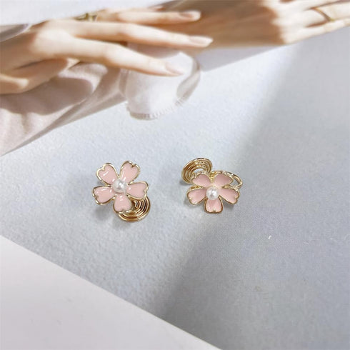 Clip On Pink Flower Pearl Fake Stud Earrings for Women No Piercings Ear Fashion Elegant Cherry Blossom Huggie Studs Wedding Valentines Day Jewelry...
