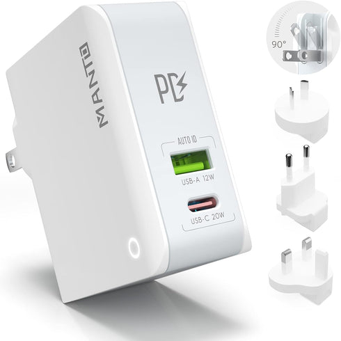 USB C Charger, MANTO 30W 2 Port PD Fast Charger with 20W USB-C Power Adapter, Foldable International Travel Adapter with UK US EU Australia Plug f...