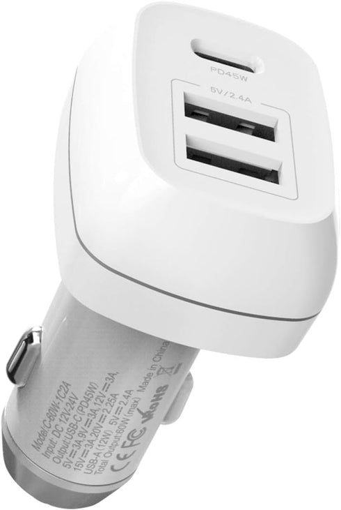 Car Charger, 60W Mini Size with Triple Port USB-C 45W & 2×USB-A12W, Compatible with iPhone 12/XR/Xs/Max/X/8/7/Plus, iPad Pro/Air 2/Mini, Galaxy, A...