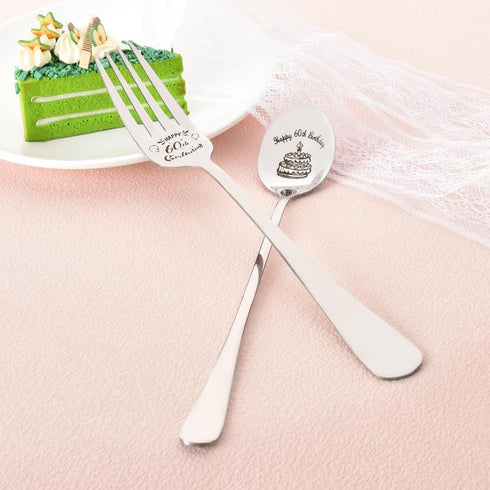 Happy 60th Birthday Fork Spoon Grandma Grandpa Gifts for Men Women 60 Year Old Birthday Gift for Dad Mom Engraved Spoon Fork for Aunt Uncle 60 Yrs...